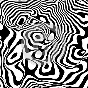 Curved lines pattern, striped black and white background. Abstract dynamical rippled texture. 3D rendering