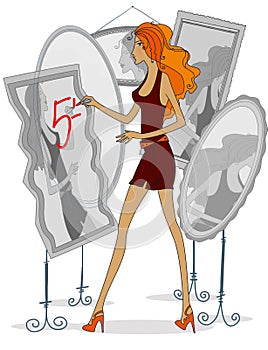 Curved mirrors. Self-criticism. Red-haired woman paints lipstick on the mirror. Isolated on a white background