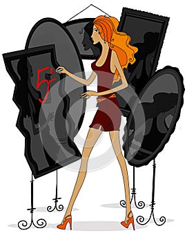 Curved mirrors. Self-criticism. Red-haired woman paints lipstick on the mirror. Isolated on a white background