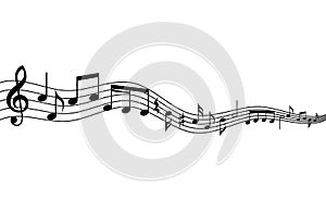 Curved music staff and notes background. Waving musical staff and notes background.