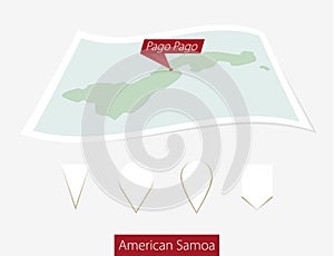 Curved paper map of American Samoa with capital Pago Pago on Gray Background. Four different Map pin set. photo
