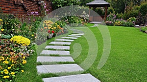 A curved path of grey pavers meanders through a colorful garden, leading to an old door set in a brick wall, all framed photo