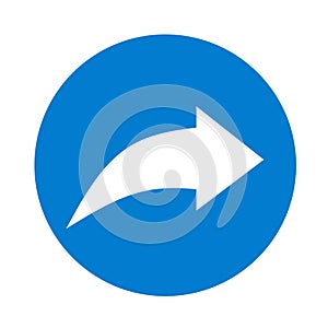 Curved rigth arrow icon. Blue next mark pointer symbol. Sign app button vector