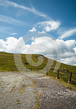 Curved road in the meadow with cloudy blue sky - landscape photo. Vertical image of rural scene - hills on sunny day