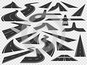 Curved road in perspective. Bending highways curves, rural bended asphalt and curving turn roads vector illustration set