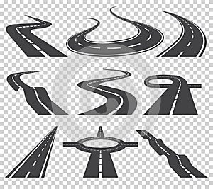 Curved roads vector set. Asphalt road or way and curve road highway. Winding curved road or highway with markings.