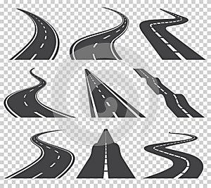 Curved roads vector set. Asphalt road or way and curve road highway. Winding curved road or highway with markings.