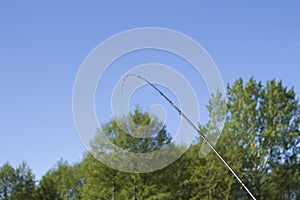 Curved rod tip against the blue sky and trees.