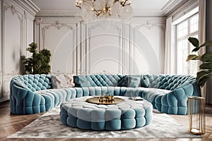 Curved round turquoise tufted sofa and pouf in room with white classic panels wall. Art deco style home interior design of modern