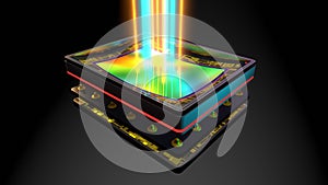 Curved sensor for digital camera, prototype 3D rendering, stacked: matrix, magnetic bender, memory, processor