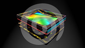 Curved sensor for digital camera, prototype 3D rendering, stacked: matrix, magnetic bender, memory, processor
