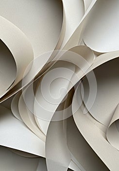 Curved sheets of beige paper overlap, creating an abstract design. The paper appears
