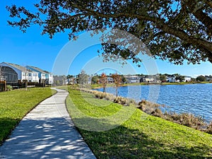 A curved sidewalk next to a lake that is a walking path in back of homes in Laureate Park photo