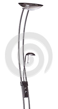 Curved silver aluminum uplighter torchiere floor lamp with shade and  small reading light isolated on white background