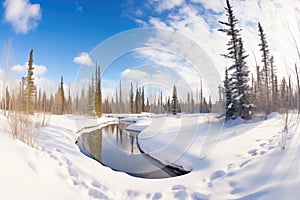 curved snowshoe path through a snow-blanketed pond