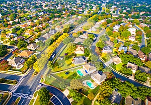Curved Streets Modern Layout Suburban Neighborhood outside Austin Texas Aerial View photo
