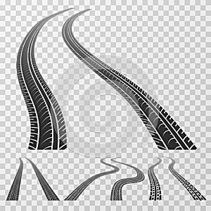 Curved tire tracks stretching to the horizon, tread marks isolated on transparent background vector stock