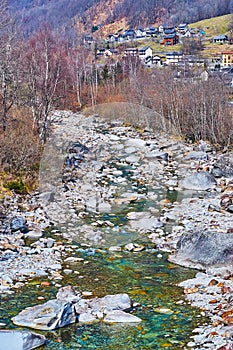 The curved Verzasca River amid the rocks, Frasco, Valle Verzasca, Switzerland