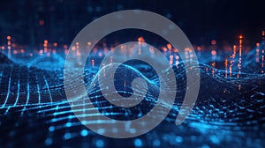 Visual representation of abstract data waves in a digital landscape with glowing elements at night