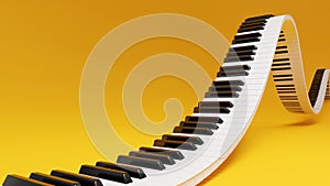 Curved wavy grand piano keyboard on yellow background. Abstract design for music banners. 3D rendering image.