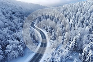 curved winding road through the forest up in the mountains in the winter with snow covered trees