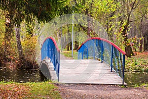 Curved wooden footbridge across a canal in the park