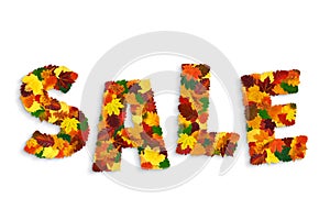 Curved word SALE made with colorful fall leaves, with shadow, isolated on white