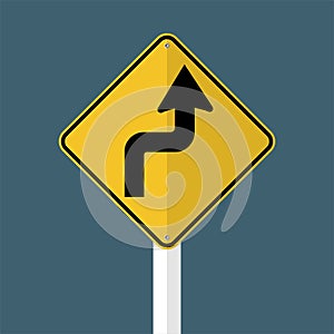 symbol Curves ahead Right Traffic Road Sign isolated on grey sky background.Vector illustration