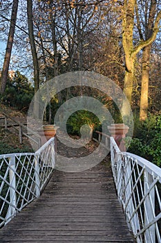 Curves bridge of wood with white metal area and autumnal trees