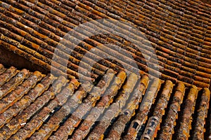 Curves, lines and angles of weathered roof tiles.