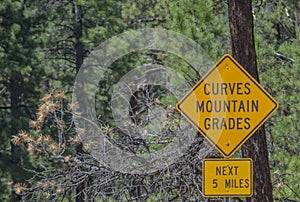 Curves and Mountain Grades Sign in the Arizona Pine Forest. Flagstaff Arizona