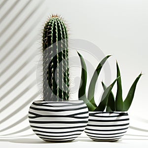 Curvilinear Cactus Plants In Striped Vase: Eye-catching Organic Sculpting