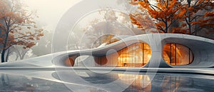 Concept Architecture, Interior Design, Curvilinear, Curvilinear Concrete Haven Amidst Autumn Hues photo