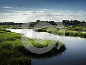 Curving blue river flowing through the green swamp on Cape Cod Island