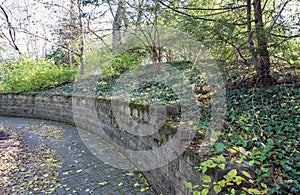 Curving Concave Stone Wall with Ivy Groundcover