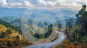 Curving mountain road through forest