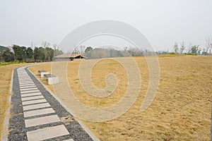 Curving path on withered grassy lawn in light winter mist