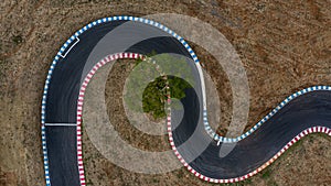 Curving race track view from above, Aerial view car race asphalt track and curve