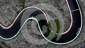 Curving race track view from above, Aerial view car race asphalt track and curve