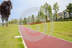 Curving red path in lawn before houses in sunny summer