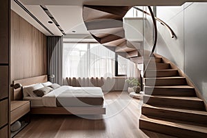 curving staircase leading to asymmetrical room with a floating bed and minimalist decor