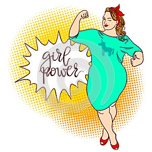 Curvy cartoon girl. Inscription: girl power. Comic pin-up, hand