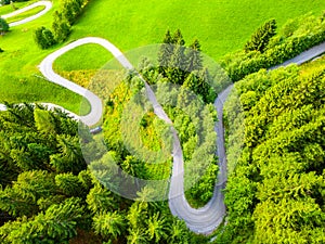 Curvy country road in the alpine mountain forest from above