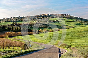 A curvy country road meandering uphills to the old town of Pienza with green grassy meadows on the hillside under sunny sky