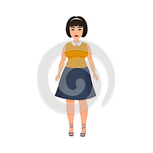 Curvy cute girl standing, woman with overweight plus size body