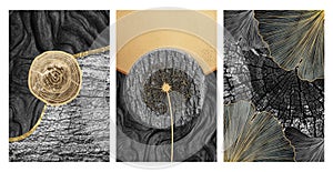 Curvy lines and dandelion on drawing wood functional art. Modern collage Nordic black and golden modern wall decor.