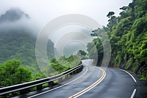 curvy mountain road surrounded by thick fog