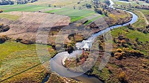 Curvy Nida River Bends in Swietokrzyskie,Poland. Aerial Drone View