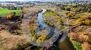Curvy Nida River Bends in Swietokrzyskie,Poland. Aerial Drone View
