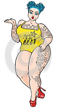 Curvy plump cartoon girl in retro pop art style. Vector isolated plus size woman with tattoos and blue hair